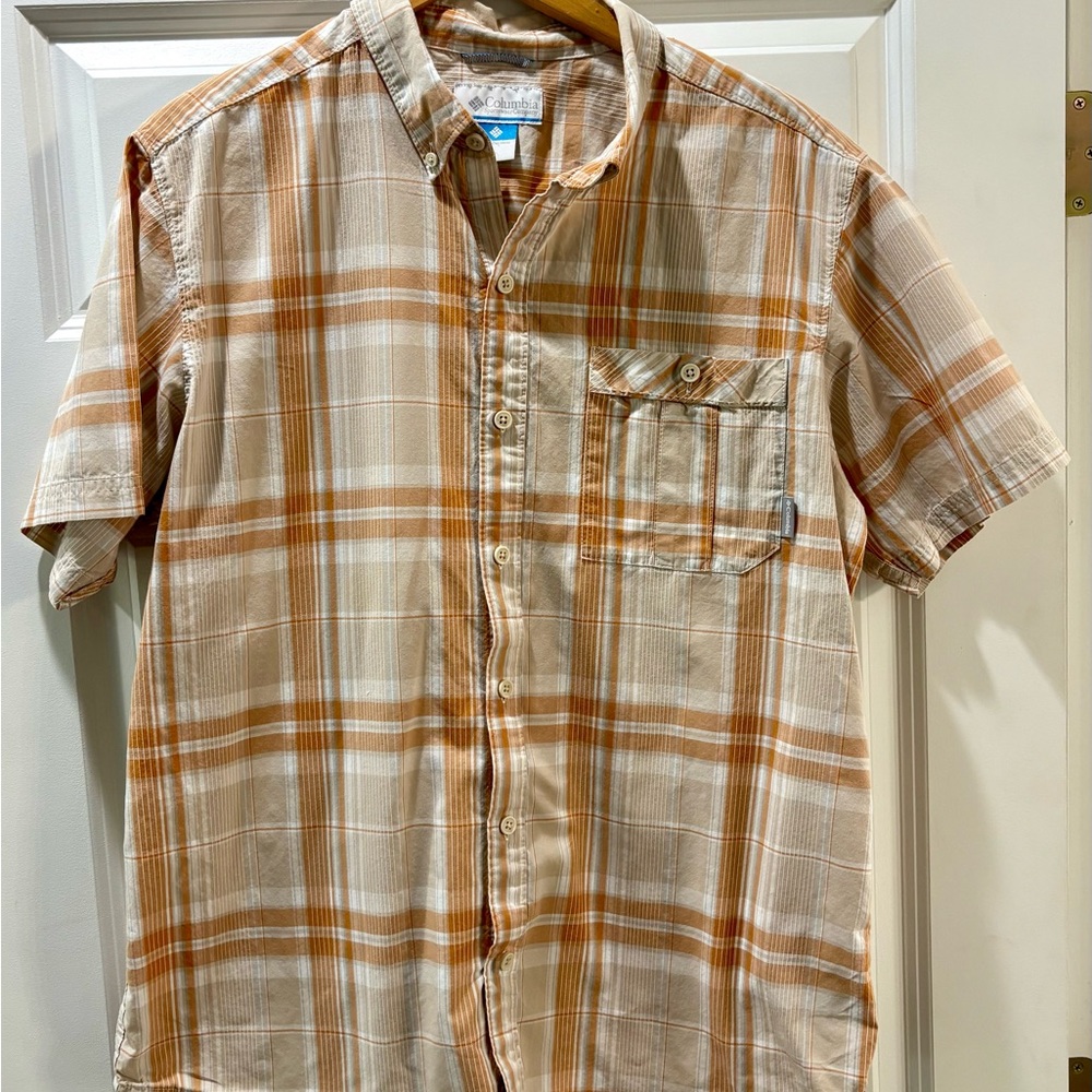 Columbia Men's Casual Plaid Shirt - Orange and Cream